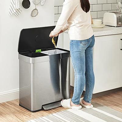 SONGMICS Kitchen, 16 Gallon (2 x 8 Gallon) Dual Compartment Garbage Can,  60L Pedal Recycling Bin, Stay-Open Lid and Soft Closure, Stainless Steel,  15 Trash Bags Included, White ULTB202W01