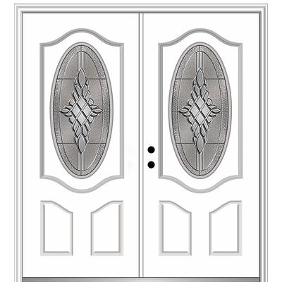 MMI DOOR 68-in x 80-in Low-e Grilles Between The Glass Primed Fiberglass  Center-hinged Right-Hand Inswing Double Patio Door Brickmould Included in  the Patio Doors department at