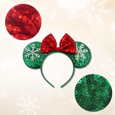 Needzo Red and White Striped Christmas Mouse Ear Headband with Green Bow, Sequin Festive Holiday Hair Accessory for Women or Girls, One Size Fits Most