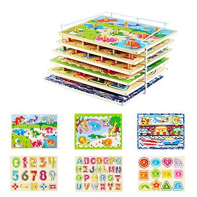 Toddler Puzzles and Rack Set, Wooden Peg Puzzles Bundle with Storage Holder  Rack, Educational Knob Puzzle for Kids Age 2 3 4 Years - Set A 