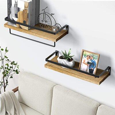 ZGO Floating Shelves for Wall Set of 2, Wall Mounted Storage Shelves with  Black Metal Frame and Towel Rack for Bathroom, Bedroom, Living Room