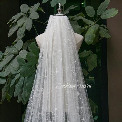 Pearls Scattered Silver Glitter Chapel Length Single Tier Wedding Veil