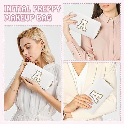 TOPEAST Personalized Preppy Makeup Bag Initial Chenille Letter Patch Makeup  Bag Pouch PU Leather Cosmetic Bag Travel Toiletry Bag Monogram Makeup Bag