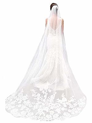White Tulle One-tier Cathedral Length Bridal Veil with Lace Trim