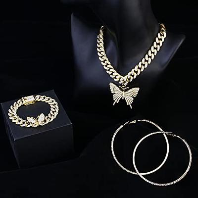 Sanfenly Cuban Link Chain Jewelry Set Bling Rhinestone Butterfly