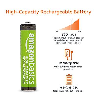 Basics 8-Pack Rechargeable AAA NiMH High-Capacity Batteries, 850  mAh, Recharge up to 500x Times, Pre-Charged