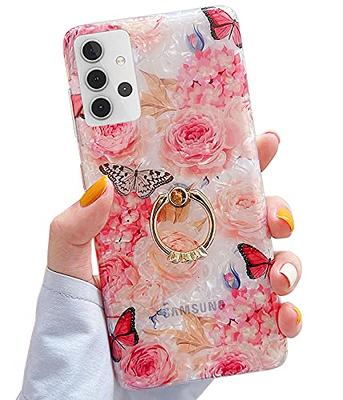 Qokey Compatible for Samsung Galaxy A32 5G Case(Not fit A32 4G),Bling Cute  Flower Marble 360°Ring Holder Kickstand Soft TPU Shockproof Girls Women  Cover Designed for Galaxy A32 5G 6.5 Rose Butterfly 