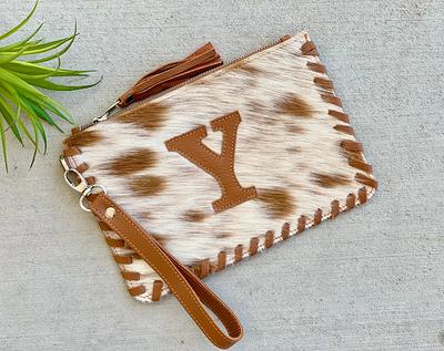 Cowhide Wristlet Monogram Y' Custom Clutch Phone Purse Handbag Brown Leather  Western