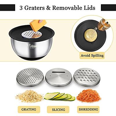 Wildone Mixing Bowls Set of 5, Stainless Steel Nesting Bowls with Lids, 3  Grater Attachments, Measurement Marks & Non-Slip Bottoms, Size 5, 3, 2,  1.5