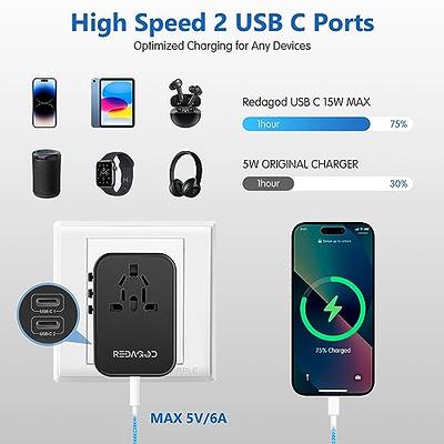 Universal Travel Adapter, Redagod International Plug Adapter 3 USB A 2 USB C  Ports Max 6A