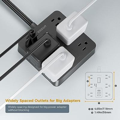 10FT Ultra-Thin Extension Cord,6 Wide-Spaced Outlets 3 USB Ports