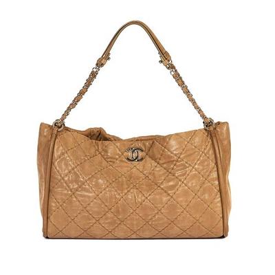 Chanel 90s Brown Suede Front Logo Chain Shoulder Bag