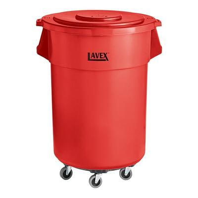 Lavex 55 Gallon Red Round Commercial Trash Can with Lid and Dolly