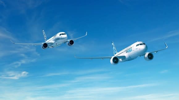 A rendering of an A320neo and a CS100 flying side-by-side