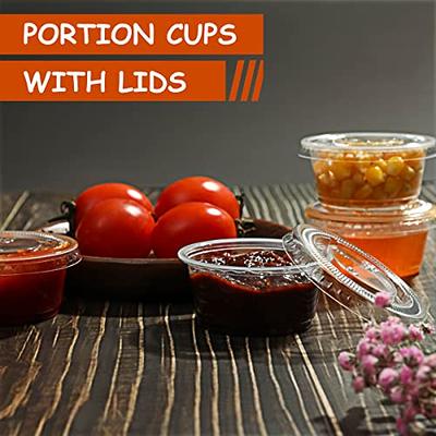 100 Sets - 2 oz. Small Plastic Condiment Containers with Lids, Jello Shot  Cups, Portion Cups with Lids, 2oz Dipping Sauce Cup, Salad Dressing  Container, Disposable Mini Plastic Souffle Cups Ramekins Clear 2 ounces