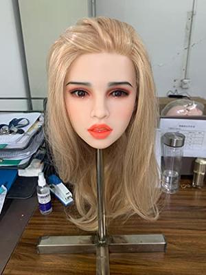 Makeup Doll Head Lifelike Silicone Female Face Single Head Soft Silicone  Doll Head Connection Doll Accessories with Eyeballs Hair Wig Tan