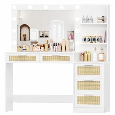 Rovaurx 46.7 Makeup Vanity Table with Lighted Mirror, Large Vanity Desk  with Storage Shelf & 5 Drawers, Bedroom Dressing Table, 11 LED Lights, White  and Natural RSZT106WM - Yahoo Shopping