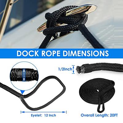 Dock Lines Boat Rope 1/2” x 25’ (2 Pack) - Double Braided Marine Mooring  Rope with 12” Spliced Eyelet, Low Stretch and High Shock Absorption, Boat