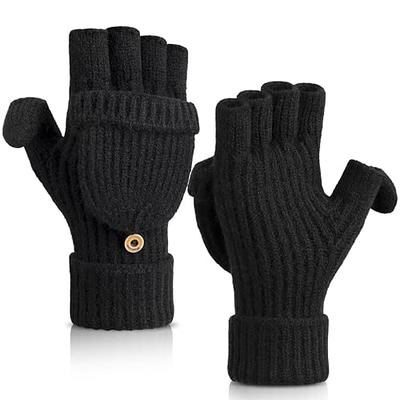 Knit Windproof Skiing Gloves Mittens for Women Men Adults Running Hiking  Fishing Black 