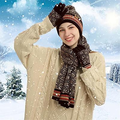 Women Winter Hat Scarf 2 in 1 Fleece Lined Knitted Warm Hats Scarfs Set  with Pompom