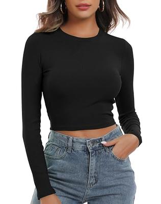 Artfish Women's Round Neck Long Sleeve Knit Ribbed Fitted Crop Top Casual  Basic Shirts Black, M - Yahoo Shopping