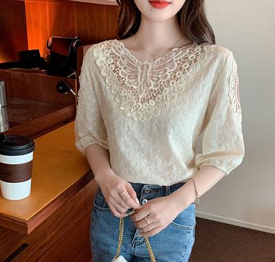 French Style Lace Eyelet White Blouse Women Lace Blouse French