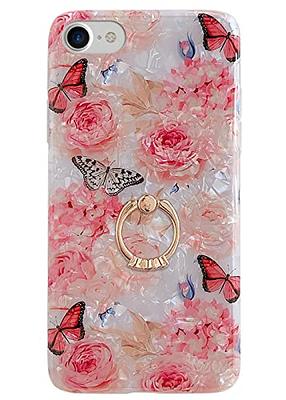 Qokey Case for iPhone 8 Plus/ 7 Plus 5.5 inch Flower Cute Cover for Women  Girls 360 Degree Rotating Ring Stand Kickstand Soft TPU Shockproof Rose