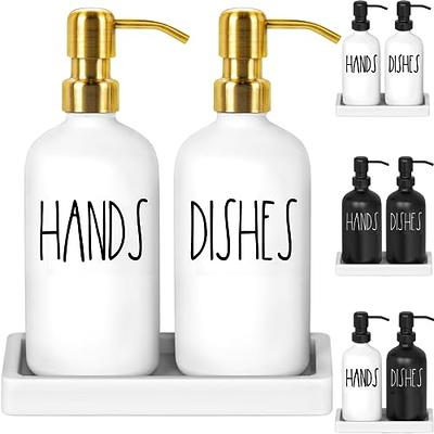 Modern Kitchen White Dish + Hand Soap bottles + scrubby + bamboo tray SET