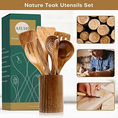 Wooden Kitchen Utensils Set,Wooden Spoons for Cooking Natural Teak Wood  Kitchen Spatula Set for Including 7 Pack