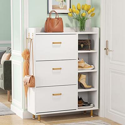 NOVAMAISON Narrow Shoe Cabinet with 2 Flip Drawers - Black Hidden