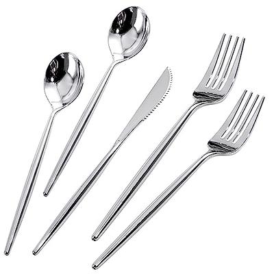 Elegant Plastic Silverware Set | 25 Each Heavyweight Disposable Forks, Knives & Spoons Beautifully Presented in Pre Rolled Party Napkins Premium