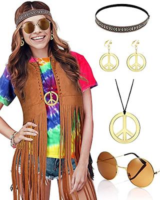6 Pcs Halloween Women 60s 70s Hippie Costume Outfits Accessories Tie Dye  Shirts Fringe Vest Glasses Earring Necklace Headband (L) - Yahoo Shopping