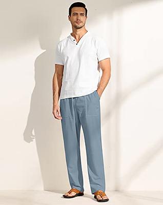 COOFANDY Men's Casual Linen Pants Elastic Waist Drawstring Beach Yoga  Trousers Lightweight Straight Leg Pants with Pockets White Large