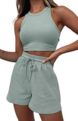 Women's Athleisure Crop Top and Shorts Set - Drawstring Waistline