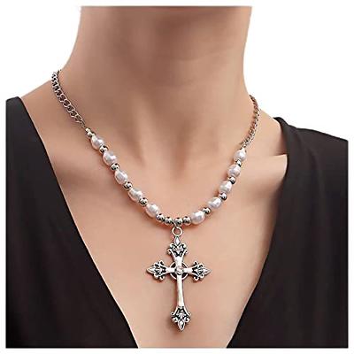 Abstract Metal Necklace With Black Cross Pendant Statement