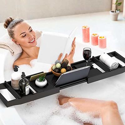 Bathtub Caddy Tray for Luxury Bath - Bamboo Waterproof Expandable Bath  Table Over Tub with Wine and Book Holder and Free Soap Dish (Brown)