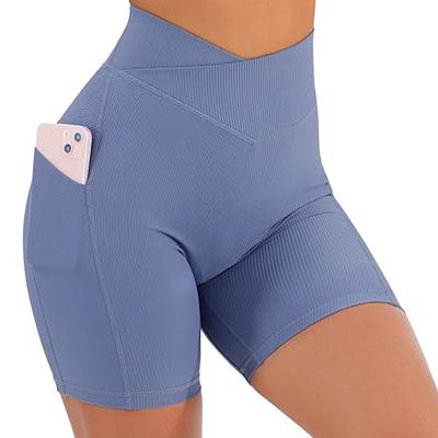 Yuerlian Women Cross Waist Workout Yoga Shorts with Pockets 5 High Waist  Booty Biker Ribbed Short Blue - Yahoo Shopping