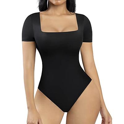 FeelinGirl Square Neck Bodysuit for Women Thong Bodysuit Short Sleeve Tops  Basic Body Suits Black M - Yahoo Shopping