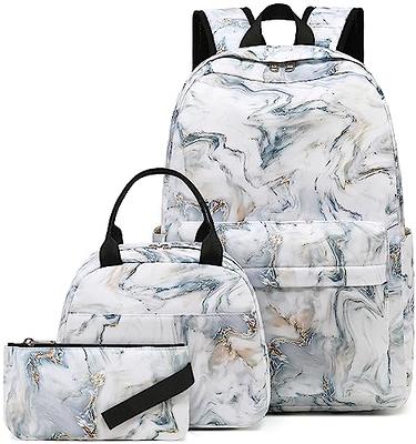 Waterproof Large Capacity Fashion School Backpack Kids Teen Girls Bookbag  Set with Lunch Box Pencil Case Travel Laptop Backpack(Marble) 