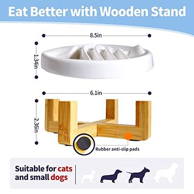 Pet Food Bowls：Cat Slow Feeder Bowl Dog Ceramic Plate with Wood Stand  (Large 8.5inch)