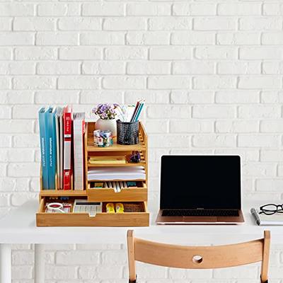 Bamboo Desktop Bookshelf Organizer, Large Office Desk Storage