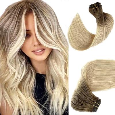 Sunny Sew in Hair Extensions Human Hair Natural Black Ombre Dark Brown with  Ash Brown 22 inch Hair Weft Remy Bundles 100g