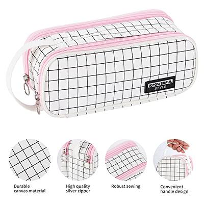 Large Pencil Case with Handle Portable Zipper Pencil Pouch Aesthetic for Girls Kids Adults Pen Case for School Office Black Plaid