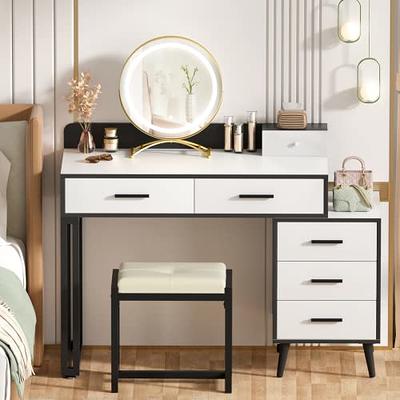 Makeup Vanity Table with Lighted Mirror, Vanity Desk Set with Shelves,  Dresser Desk and Cushioned Stool Set White