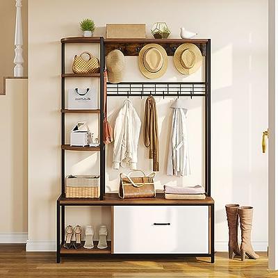 White Shoe Bench with Coat Rack for Entryway, Wood Shoe Cabinet with Flip  Drawer