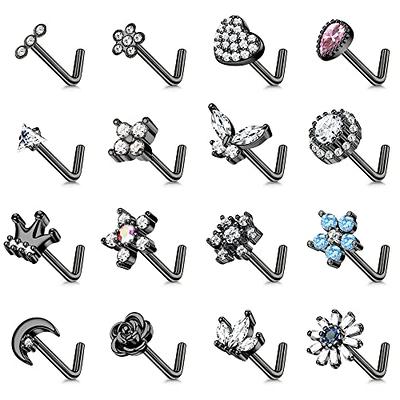 Florideco 16Pcs 20g Nose Stud Rings 316L Stainless Steel Nose Stud L Shape  Nose Rings Cubic Zirconia Butterfly Flower Moon Heart Screw Nose Piercing  Nostrial Piercing Jewelry for Women Men B 