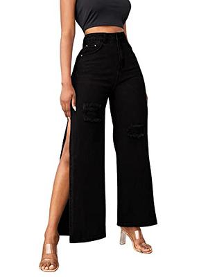 SweatyRocks Women's Casual High Waisted Ripped Jeans Split Thigh Wide Leg  Denim Pants Black L - Yahoo Shopping