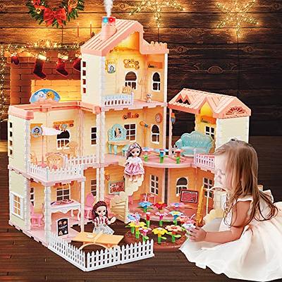 Doll House Kit,Dollhouse with Lights, Slide, Pets and Dolls, DIY Pretend  Play Building Playset Toys with Asseccories and Furniture, Princess House  for