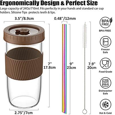 Reusable Boba Cup Bubble Tea Cup , 18oz Wide Mason Jar with Bamboo Lid and  Straw Glass Smoothie Cups Travel Tumbler for Iced Coffee Large Pearl Juices  Cocktail 