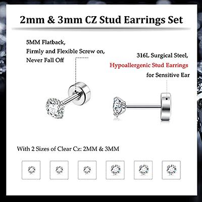 Stud Earrings for Women Mens Hypoallergenic Surgical Stainless Steel  Barbell Screw Flat Back Earrings 3mm Tiny Dainty Cubic Zirconia Inlaid Ear  Piercing Cartilage Tragus Helix Earring Studs (6 Pairs) 